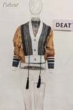 Fashion Women's Jacket Rivet Patchwork Tassel V-neck Long Sleeve Single Breasted Contrast Color Coat Spring 2023 New
