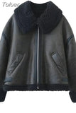 MODA Women Fashion Thick Warm Faux Leather Blackish Green Jacket Coat Vintage Long Sleeve Flap Pocket Female Chic