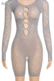 Summer Solid Hollow Out One Pieces Rompers Club For Women 2023 Long Sleeve See Through Slim Playsuits Elastic