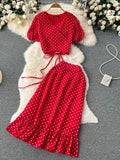 Summer Women Polka Dot Chiffon Two Piece Set Vintage V-Neck Bandage Short Tops + High Waist Mermaid Skirt 2Pcs Suits New