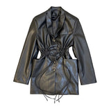Black PU Leather Jacket For Women Notched Collar Long Sleeve Bandage Vintage Coats Female Korean Fashion