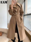 Women Coffee Color Long Bandage Trench New Lapel Long Sleeve Loose Fit Windbreaker Fashion Tide Spring Autumn 2023