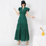 TWOTWINSTYLE Elegant Solid Dress For Women Stand Collar Flying Sleeve High Waist Minimalist Long Dresses Female Fashion