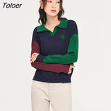 Women Sweaters 2022 Autumn Long Sleeves Polo Neck Loose Knitted Pullover Contrast Color Warm Comfort Casual Chic