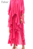 Casual Solid Loose Dress For Women Round Neck Half Sleeve Patchwork Ruffle Trim Midi Dresses Female 2023 Summer Clothing