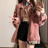 Spliced Denim Jacket Girl Spring And Autumn Loose Design Sense Small Casual Pink Workwear