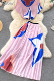 Print Women T Shirt Suit Top + Midi Long Large Swing Pleated Skirt Set For Woman Summer Clothing fashion Two Piece