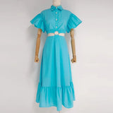 Pink Cut Out Dress For Women Lapel Short Sleeve High Waist Solid Loose Midi Dresses Female Korean Fashion