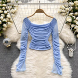 Sexy Mesh Short Blouse Women Brown/White/Blue Square Collar Long Sleeve Draped Slim Shirt Female Party Tops New Fashion