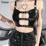 Gothic Summer Halter Black Camis Women Streetwear Bandage Hollow Out Crop Top Sleeveless Punk Backless Sexy