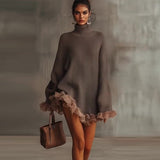 2025 New Knitted High-Necked Lotus Edge Spliced Long-Sleeved Gray