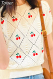 Women Sweet Flower Short Sleeve Cherry Embroidery Knitted Sweater Summer Korean Fashion Y2K Casual Pullover Ladies