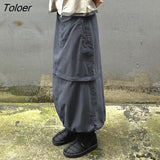Gray Casual Baggy Loose Size Cargo Skirts Womens Big Pockets Streetwear Drawstring Hem Low Waist Hippie Long