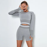 Athletic Seamless Striped Set Gym Sport Suit Workout Clothes Women Long Sleeve Shirts Seamless Shorts Fitness