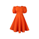 Round Collar Temperament Bubble Sleeves To Close The Waist Of Elegant A-Character