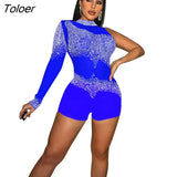 Diamonds Rompers And Jumpsuits Summer Sexy Short Jumpsuits For Women Casual Mesh See Through Long Sleeve Romper