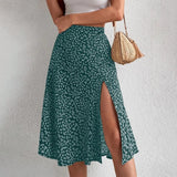 Women Summer Green Boho Midi Skirts Elegant Split Thigh Print Long Length High Waist Slit A Line Korean Fashion