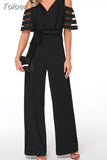 Women Sexy Off The Shoulder Wide Leg Jumpsuit Summer V Neck Loose Jumpsuits Elegant Office Lady Belt Vetidos Mujer