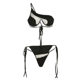 Sexy Mesh Beach Bikini Women 2 Piece Sets Summer One Shoulder Bandage Bra Tops+Briefs Vacation Birthday Party Clubwear