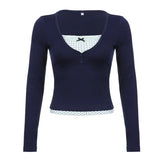 V-neck Lace Patchwork Bow Long Sleeve Tee-Outfit