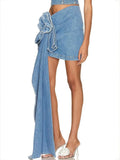 Fashion Women's Skirt High Waist Three-dimensional Rose Flower Asymmetric Blue Denim Short Skirts Summer 2023 New