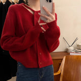 Heart Machine Women's Neckline Hollow Single Buckle Knitted Shirt 2025 New Loose Winter Small