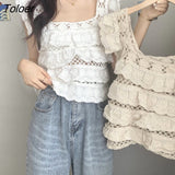 Women Summer New Chic Solid Elegant Sweet Simple Fashion Hollow Out All-match Sexy Design Tender Female Daily Ulzzang