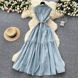 Ripe Wind Niche High-Grade Buckle Collar Sleeveless Roll-Lens Denim Dress Women's Summer Long