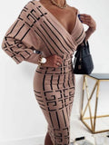 Print V-Neck Puff Sleeve Elegant Midi