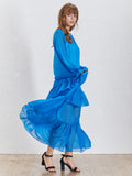 Ruffle Trim Two Tone Dress For Women V Neck Bell Sleeve Casual Long Dresses Female Fashion New Clothes 2022