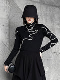 Women Black Pattern Big Size High Elastic T-shirt New Turtleneck Long Sleeve Fashion Tide Spring Autumn 2023