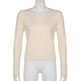 Sweetown Autumn Winter 2021 Knitted Pullovers Solid Preppy Style V Neck Lantern Sleeve Sweaters For Women Fashion Casual