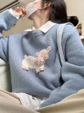 Toloer Goat Round-Neck Blue Sweater Women's Autumn And Winter New Three-Dimensional Bow Short Soft Glutinous Knitted Shirt