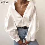 Vintage Sexy Button White Blouse Women Lantern Sleeve Oversized Loose Women Shirt Cotton Office Ladies Tops Blusas