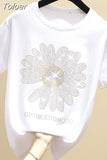 Fashion Ins Hot Rhinestone Loose T-shirt Women 2023 Summer Small Daisy Short Sleeve Sun Flower Cotton Tshirt