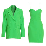Sexy Two Piece Set Womens Square Collar Sleeveless High Waist Dresses Notched Long Sleeve Blazers Solid Sets