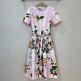 Sweet Print Floral Dress For Women Round Neck Short Sleeve High Waist Colorblock Midi Dresses Female Summer