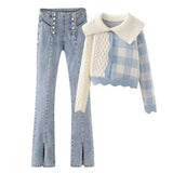 Spring New Elegant Women's Pants Set Fashion Plaid Sweater Button Jeans Two-piece Casual Wear Female Trousers