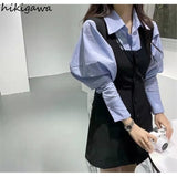 Ropa Mujer Fashion Two Piece Set for Women Sweet Puff Sleeve Shirt Slim Fit Strap Dress Outfits Roupas Femme Korean