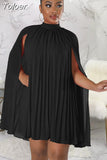 Fashion Solid Women Pleated Chiffon Dress Sexy Mock Necked Cloak Sleeve Robe Femme Classic Loose Party Clubwear