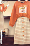 Vintage Printed Drawstring Long Sleeve Sweater Plaid Stitched Button Short Skirt Two Piece Set Elegant Women's Skirt