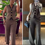 Fragrant Breeze Lady Sleeveless Knitted Shoulder Vest Metal Buckle Broad Leg Trousers Set Famous Retro