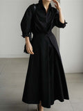 Women Beige Pleated Long Big Size Elegant Dress New Lapel Long Sleeve Loose Fit Fashion Tide Spring Autumn 2023