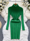 Sheath Women Dress Fashion Turtleneck Long Sleeve A Line Bodycon Dress Female Solid Streetwear Knitted