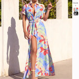 Summer New Fashion Print Short-Sleeved With Open Shirt Flip-Neck Dress