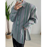Women Green Striped Slit Big Size Blouse New Lapel Long Sleeve Loose Fit Shirt Fashion Tide Spring Autumn 2023