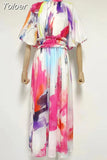 Tie Dye Slim Dress Female Stand Collar Puff Half Sleeve High Waist Spliced Ruffles A Line Long Dresses Female Summer