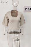 Fashion Women's T-shirt Loose Round Neck Half Sleeve Backless Cartoon Print Khaki Short Tops Cotton Summer 2023 New
