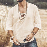 Viking Pirate Medieval Cosplay Halloween Costume Men Shirt V Neck Lace Up Vintage Shirt Half Sleeve Linen Blouse