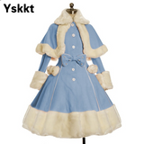 Yskkt Women Lolita Autumn Coat Warm Fur Collar Bowknot Dress Jacket Fashion Sweet Princess Breasted Overcoat Halloween